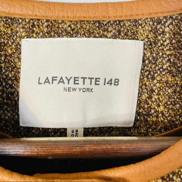 Lafayette 148 New York Highlands Leather Trim Wool Boucle Tweed Jacket Large - Picture 7 of 11